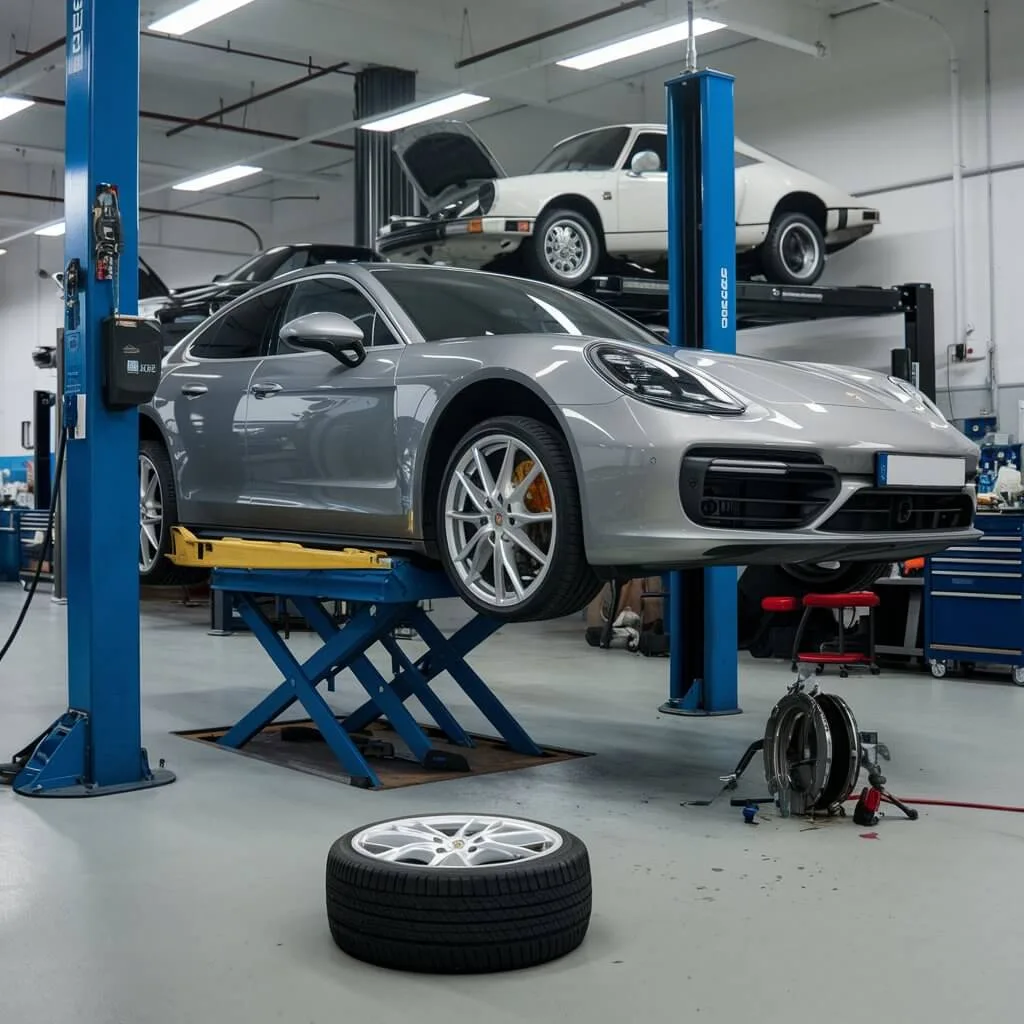 Grey Porsche in a workshop with an alloy wheel on the floor