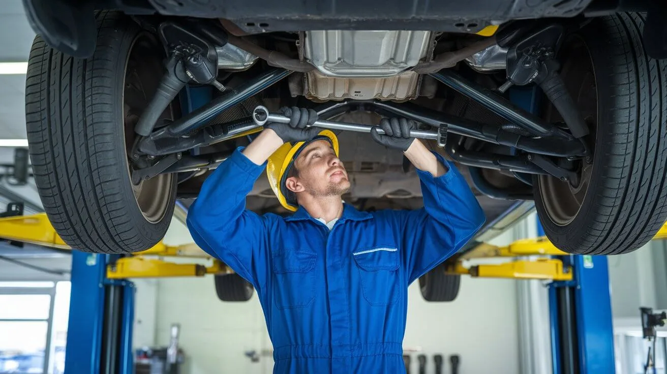 Technician working beneath a raised car
