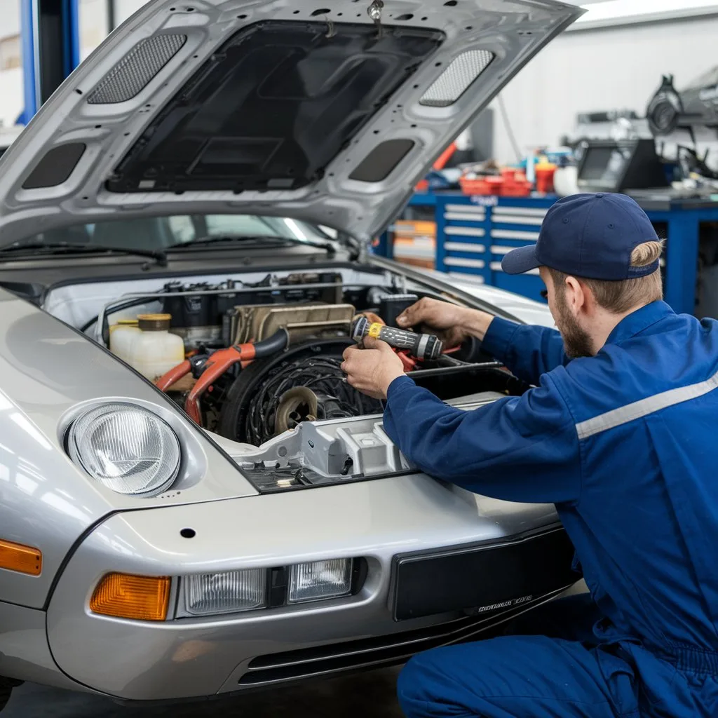 Porsche 928 engine-bay fuel-injection inspection in a workshop