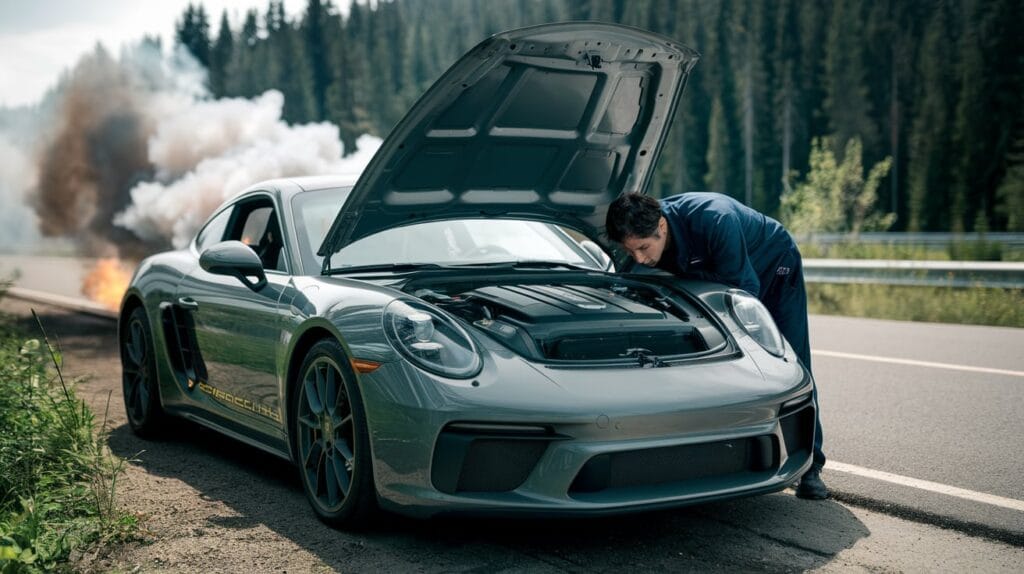 Mechanic diagnosing a Porsche engine
