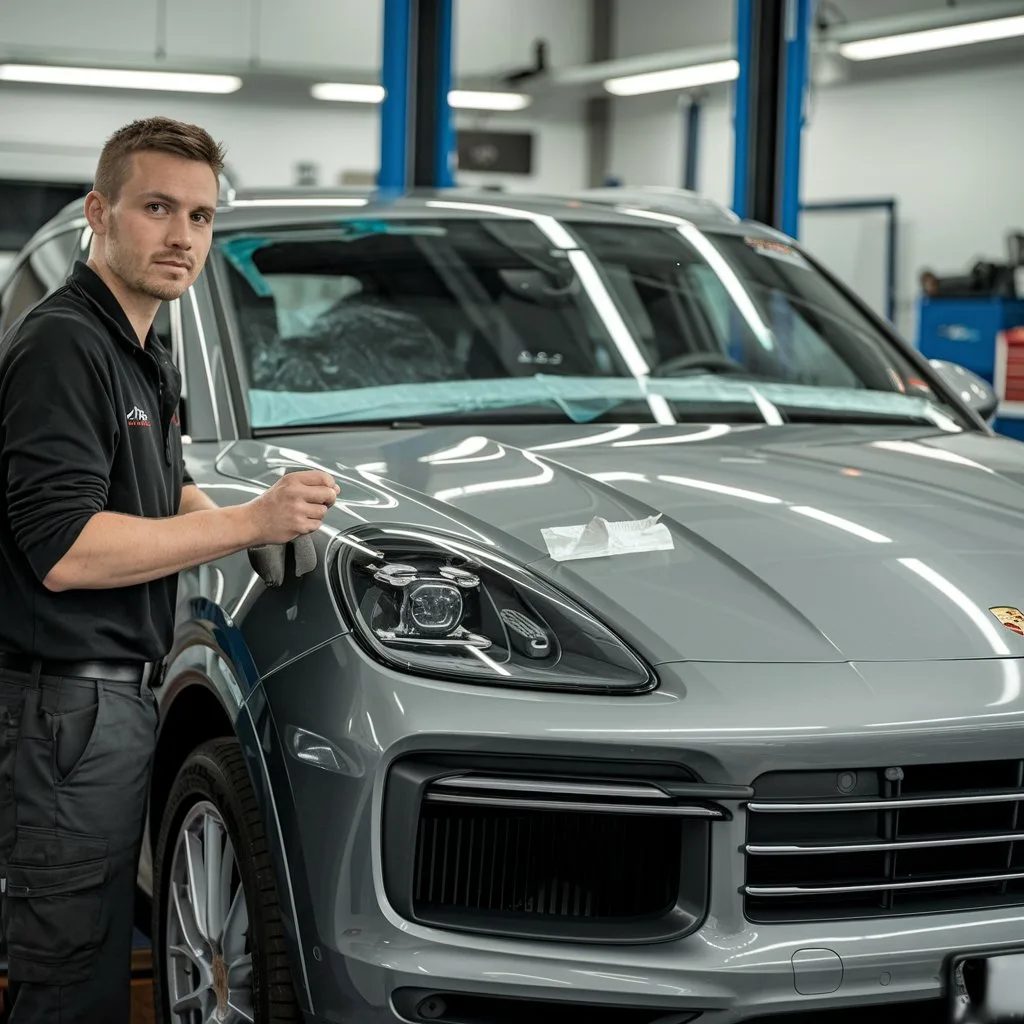 Technician beside a silver Porsche Cayenne in a workshop