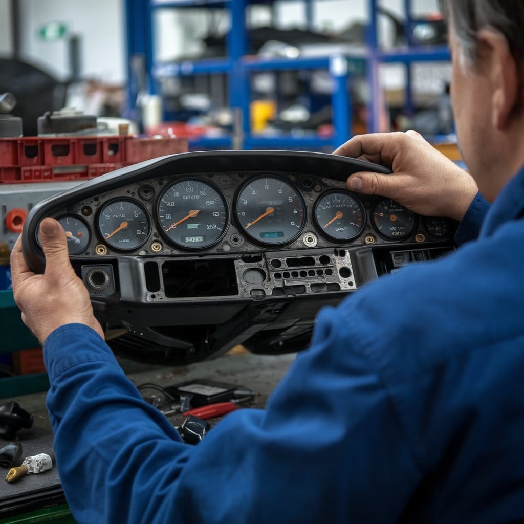 Porsche 928 instrument cluster being repaired.