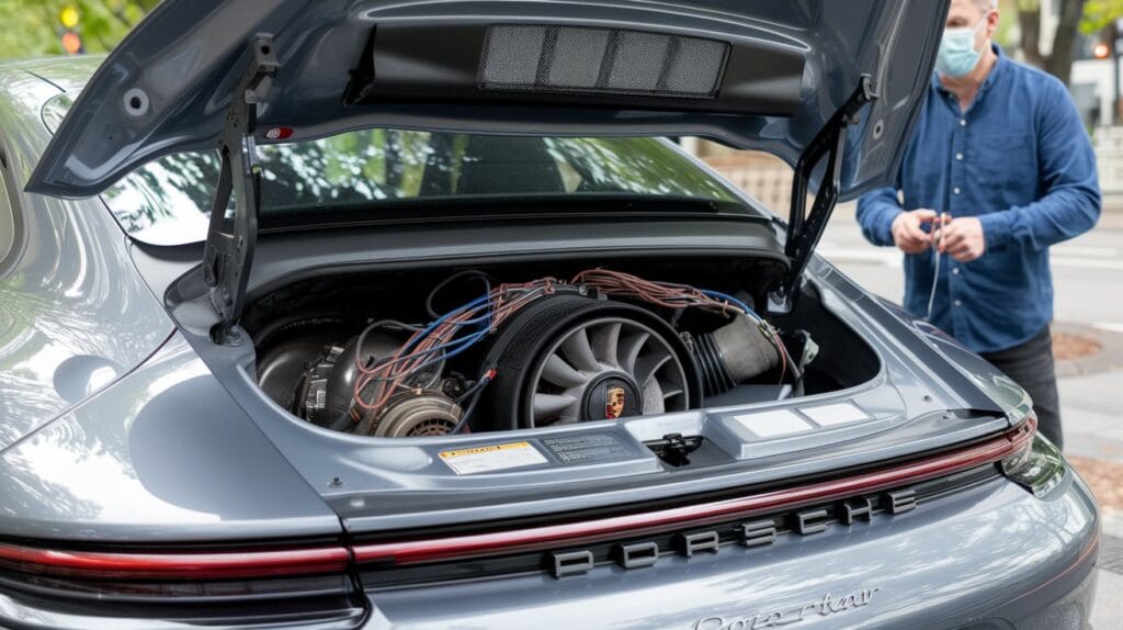 Porsche engine being inspected for starting issues.