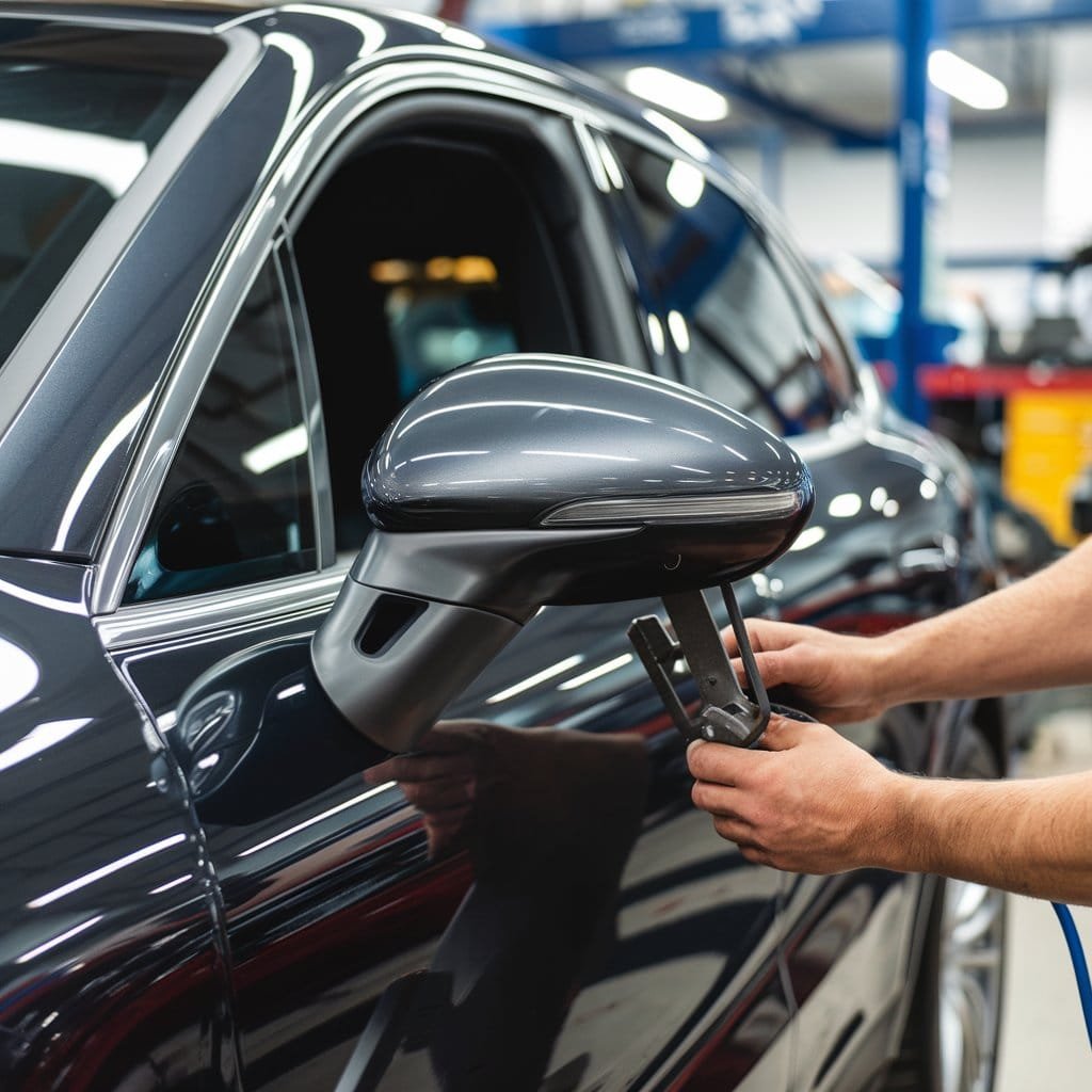 Technician checking a Porsche Cayenne side mirror assembly