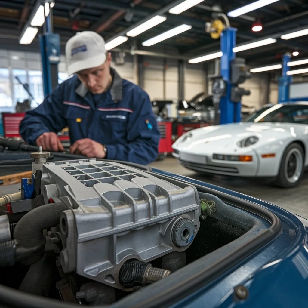 Fuel-injection components being inspected for a Porsche 928