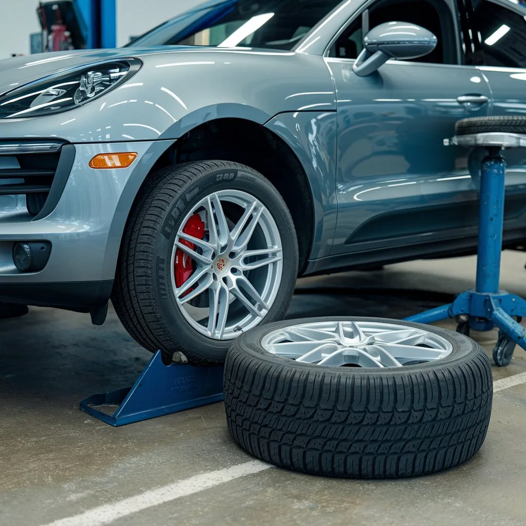 Porsche Macan tire being replaced in the workshop.