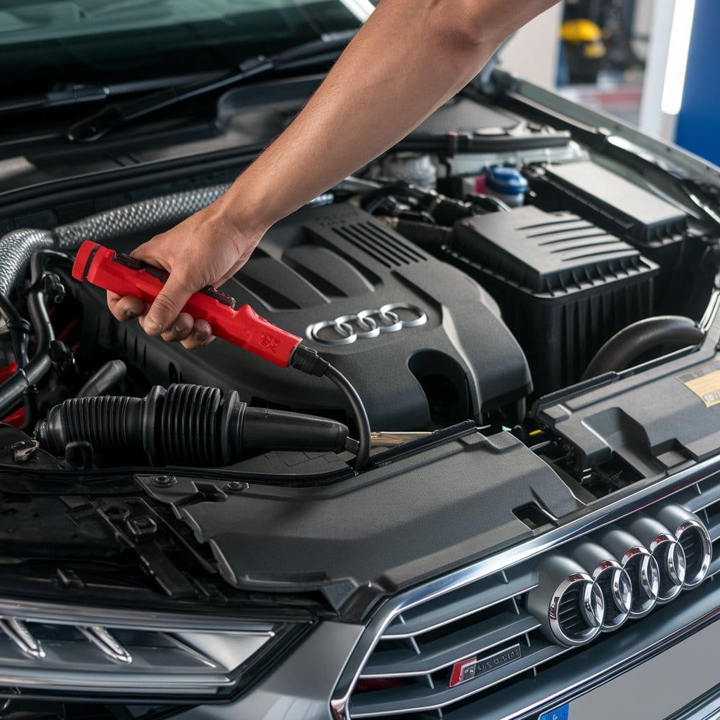 Mechanic jumpstarting Audi engine