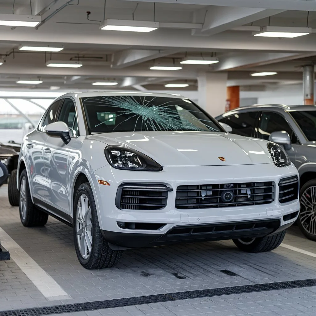 White Porsche Cayenne with a cracked windshield
