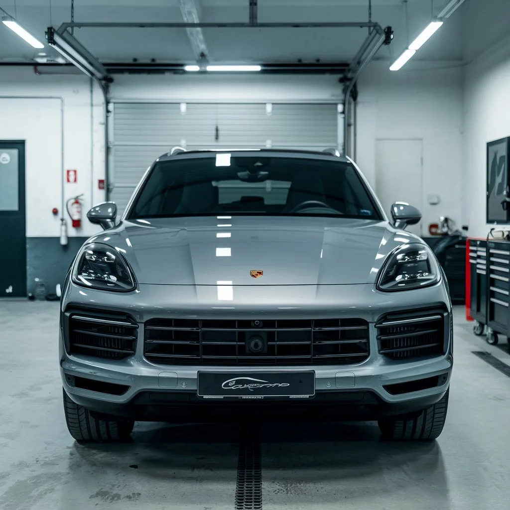 Silver Porsche Cayenne viewed from the front