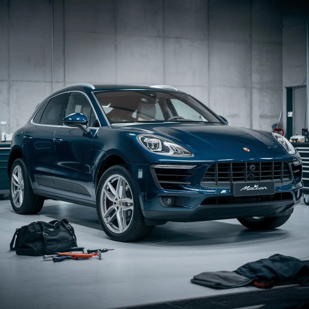 Petrol Porsche Macan positioned for transmission service