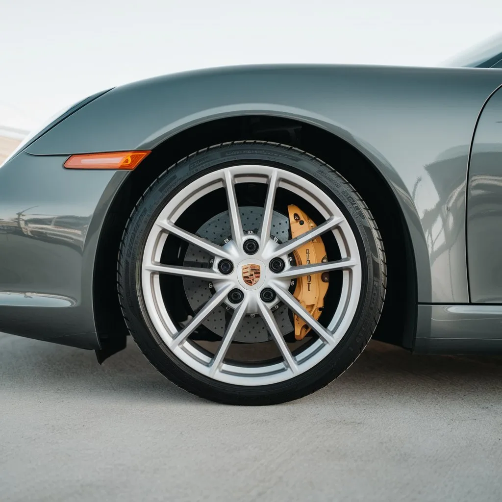 Front wheel and brake assembly on a silver Porsche Boxster