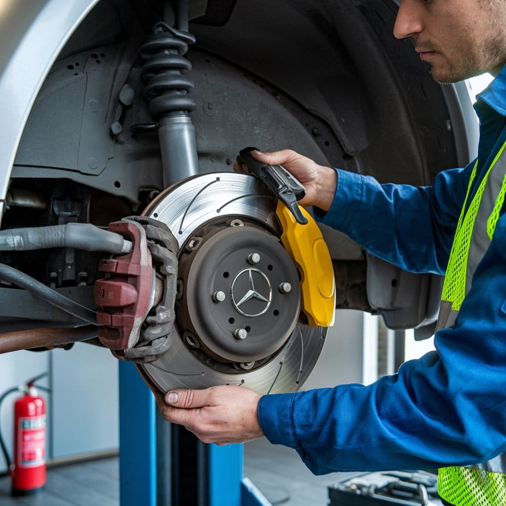 Mechanic inspecting Mercedes-Benz brake system