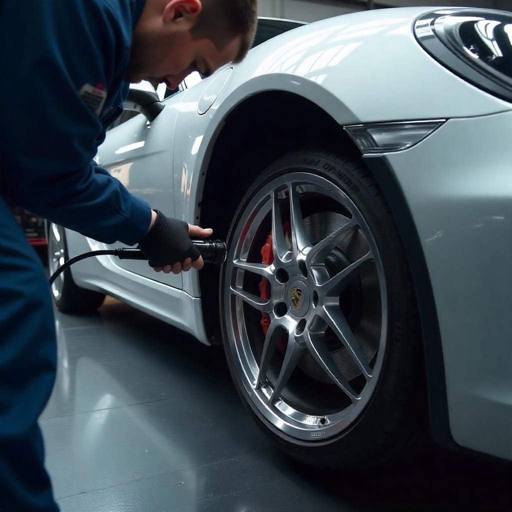 Technician checking a Porsche wheel before brake service