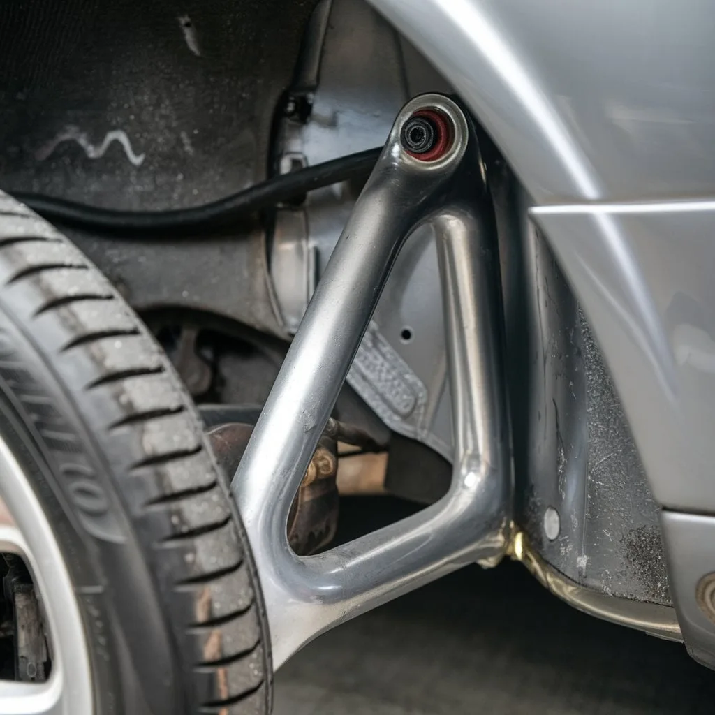 Close-up of a metal suspension arm and circular bushing beside a wheel