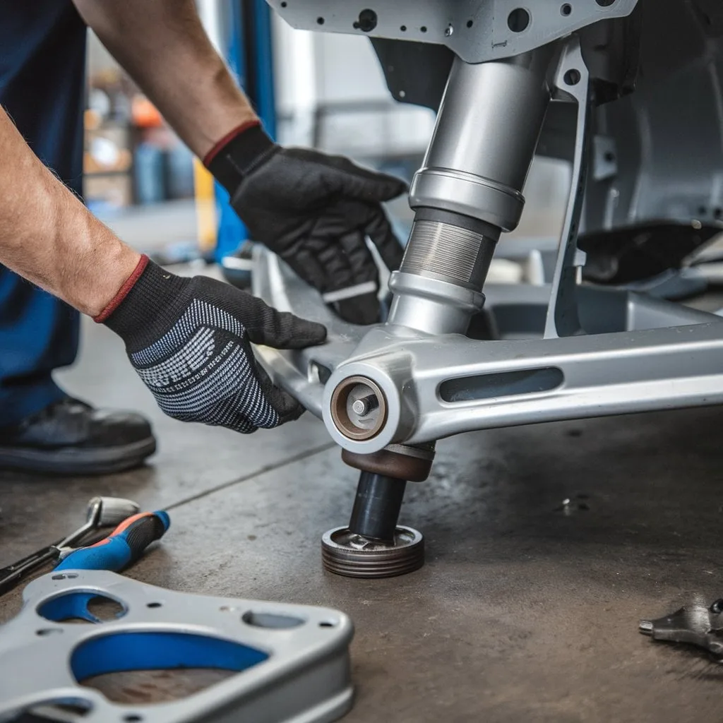 Gloved hands holding a silver suspension arm near a damper