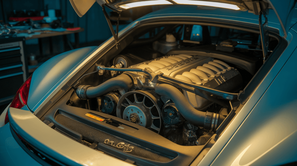 Rear engine bay of a Porsche 911 with the cover open