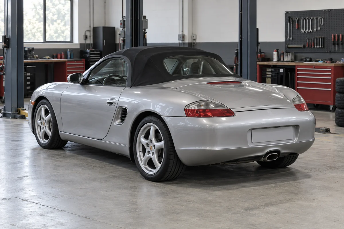 Silver 986 Boxster with its soft top raised in a workshop