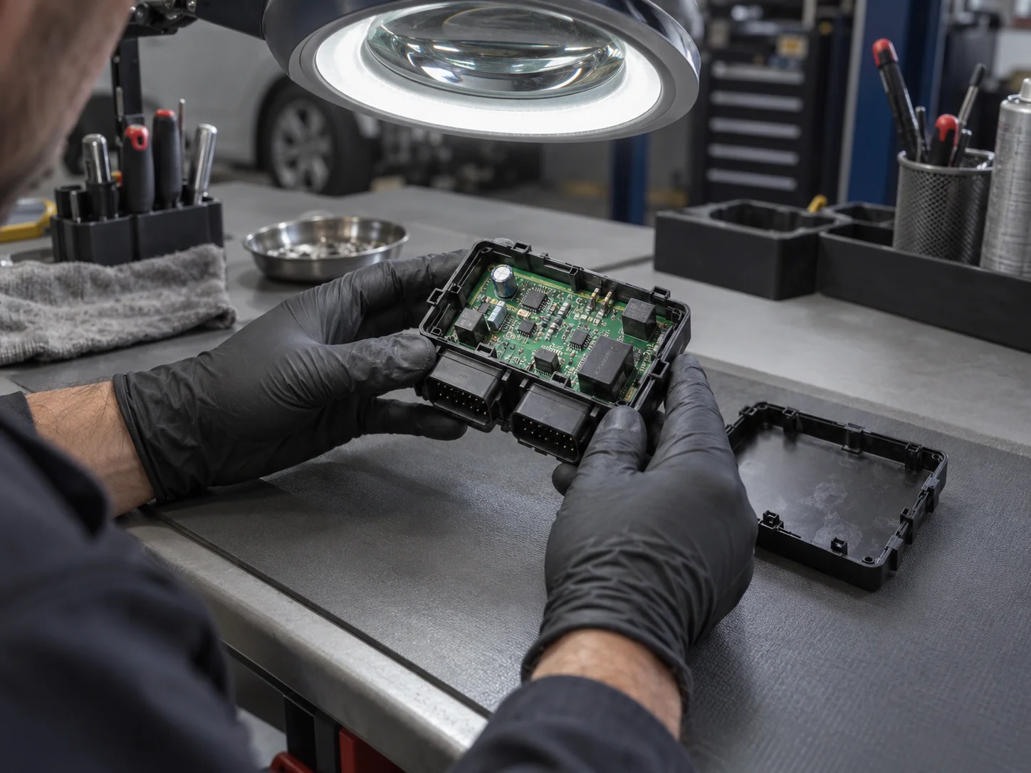 Technician examining an open automotive alarm module at a workbench