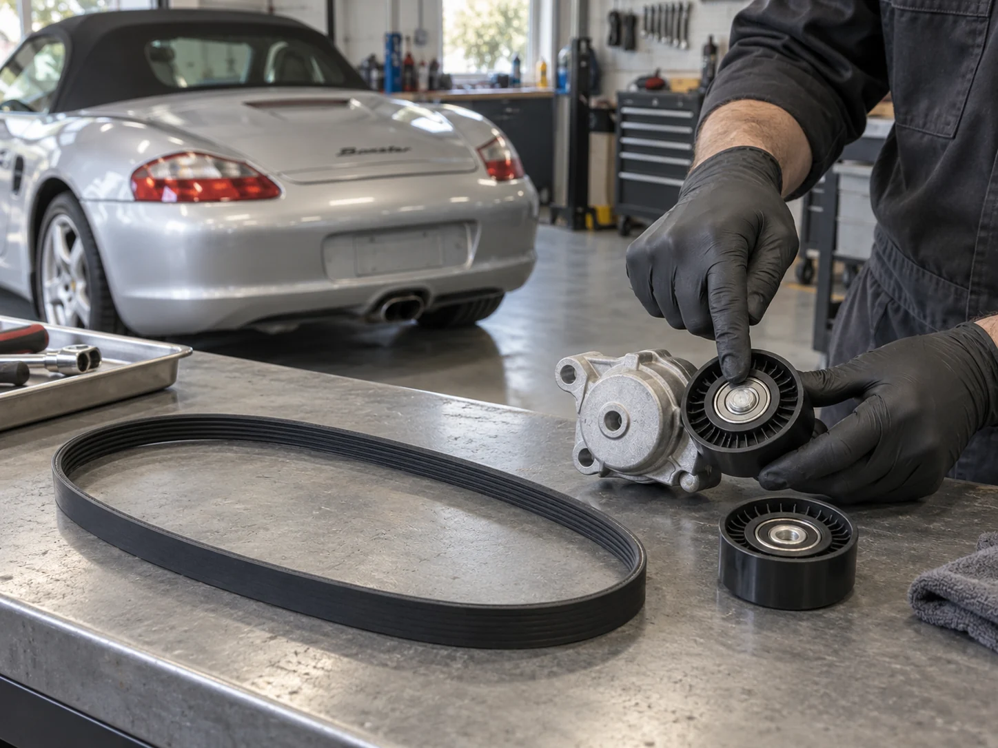 Accessory belt, tensioner and pulley being compared on a workshop bench