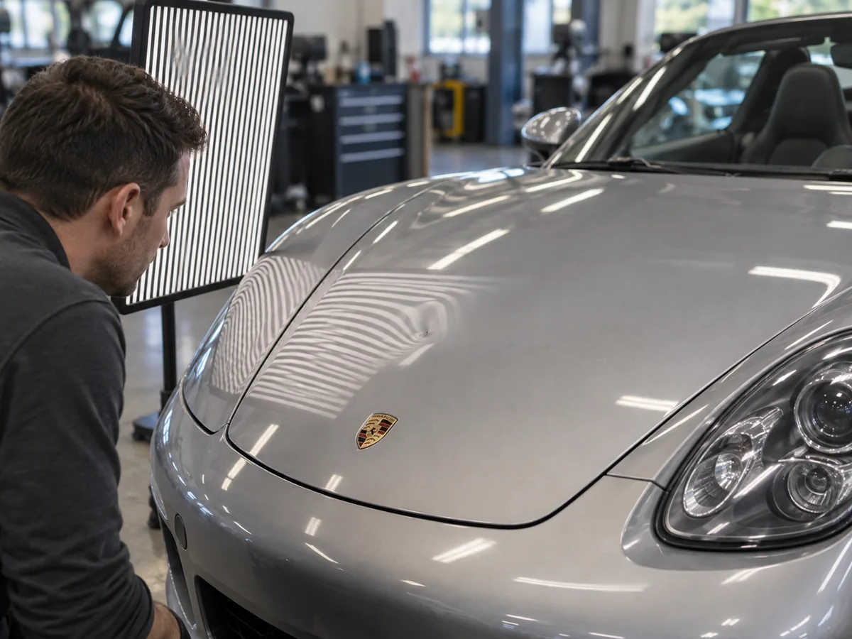 Reflection board highlighting a shallow dent in a Boxster bonnet