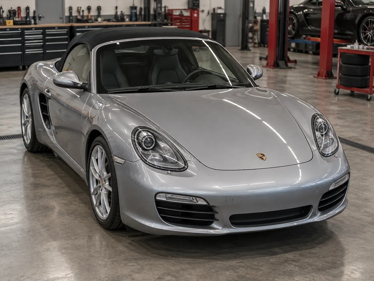 Silver Porsche Boxster with its front bonnet closed