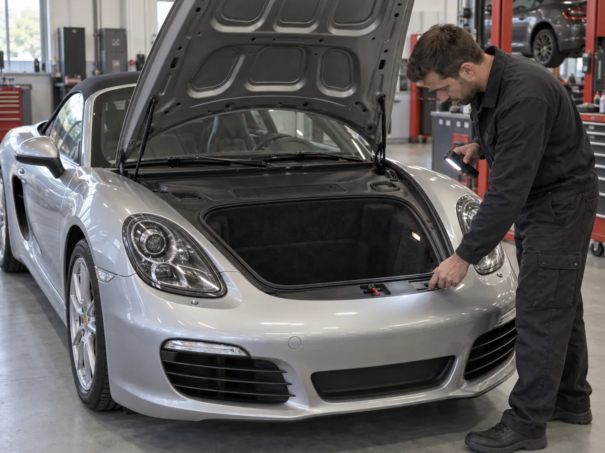 Technician checking the latch beside a Boxster front luggage compartment