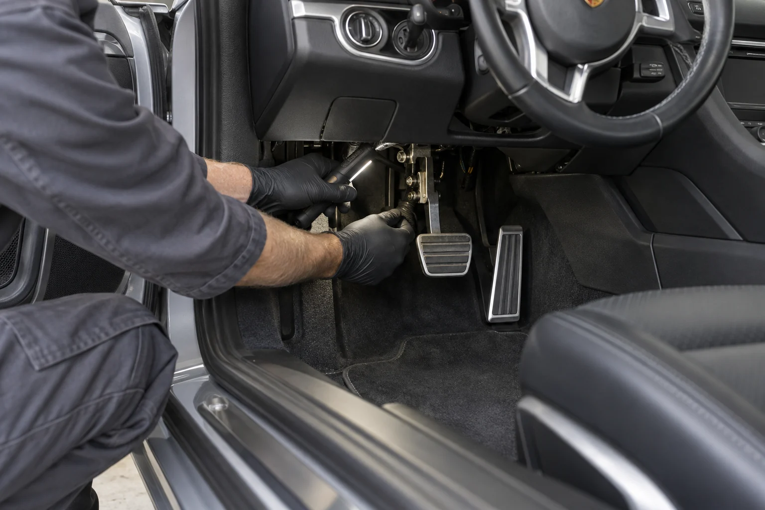 Technician inspecting the brake pedal area in a grey Boxster