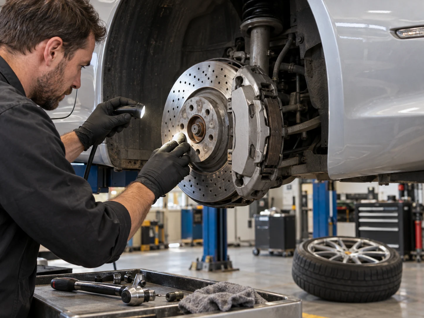 Technician inspecting a Boxster brake disc and caliper