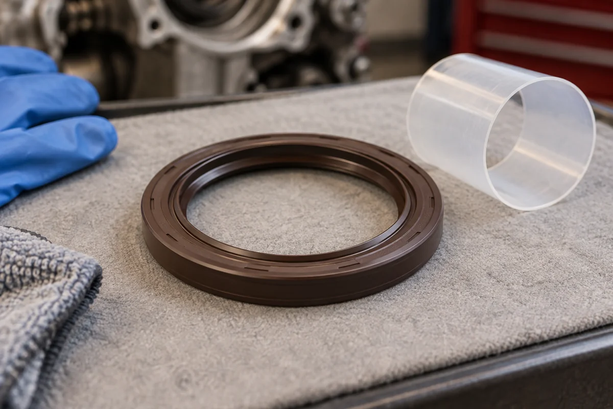 Crankshaft radial oil seal beside a protective fitting sleeve