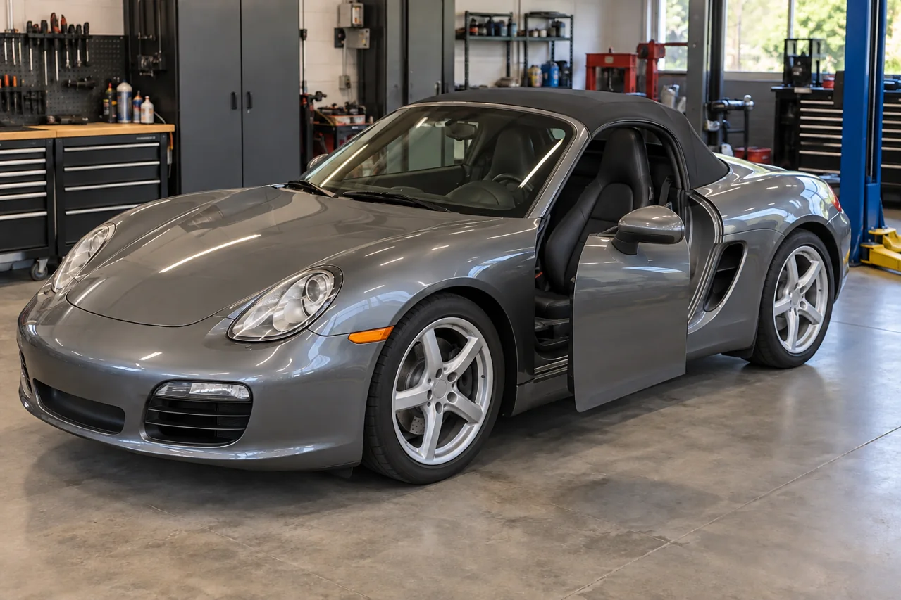 Grey Boxster with a cabin door open in a workshop