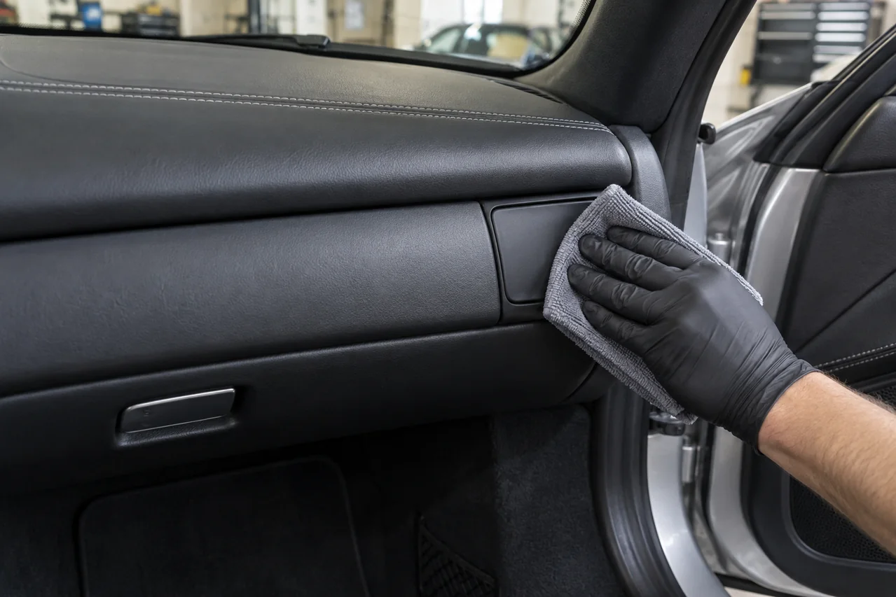 Careful cleaning around a black dashboard cup holder