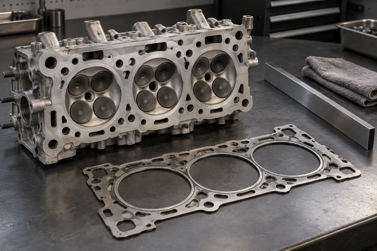 Cylinder head, valves and head gasket on a workbench