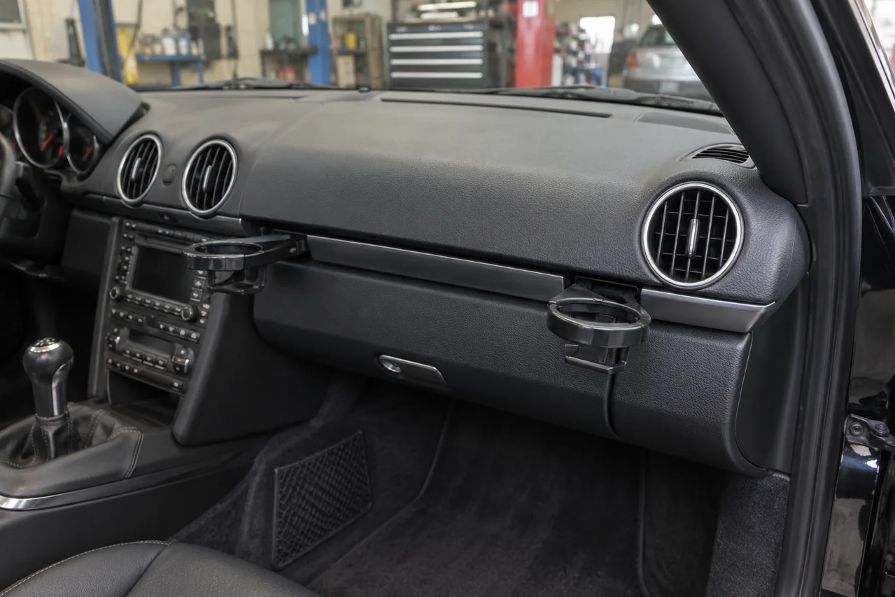 Retractable cup holders in a black passenger-side dashboard