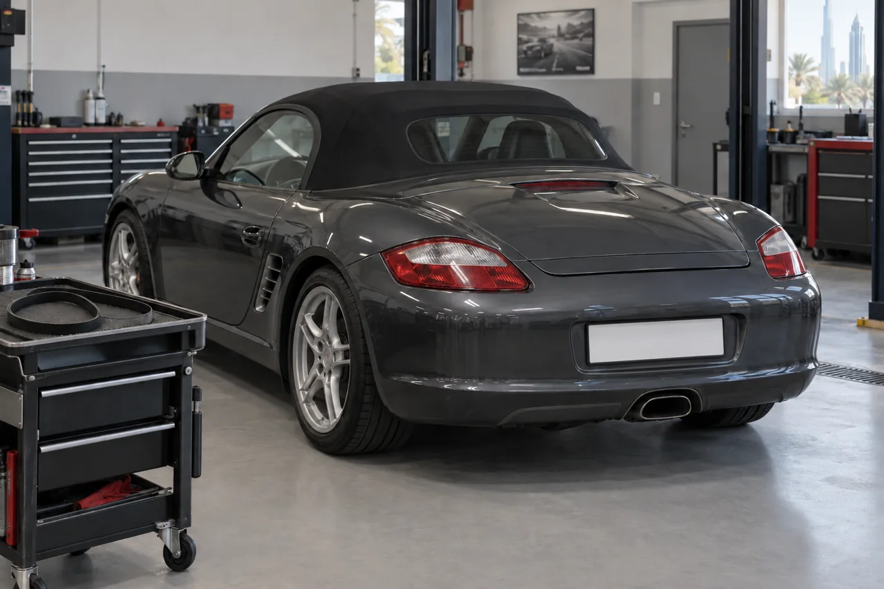 Technician checking the drive belt on a Porsche Boxster