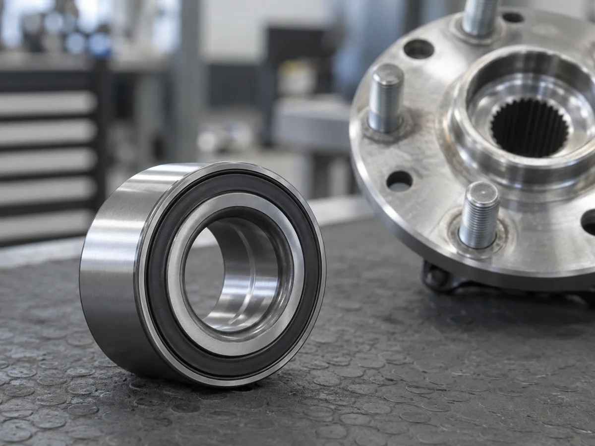 Sealed wheel bearing and separate wheel hub on a workshop surface