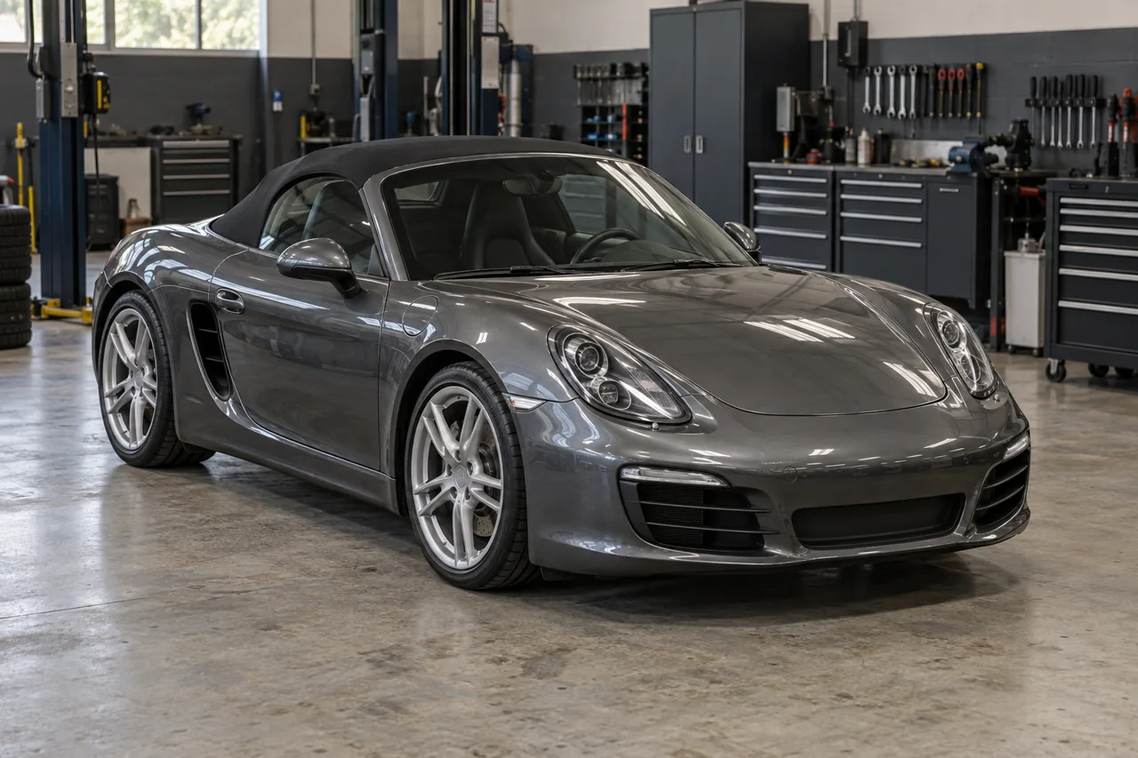 Grey Porsche Boxster in an Al Quoz workshop for an oil service