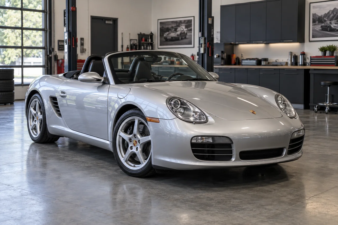 Silver earlier-generation Boxster in a workshop