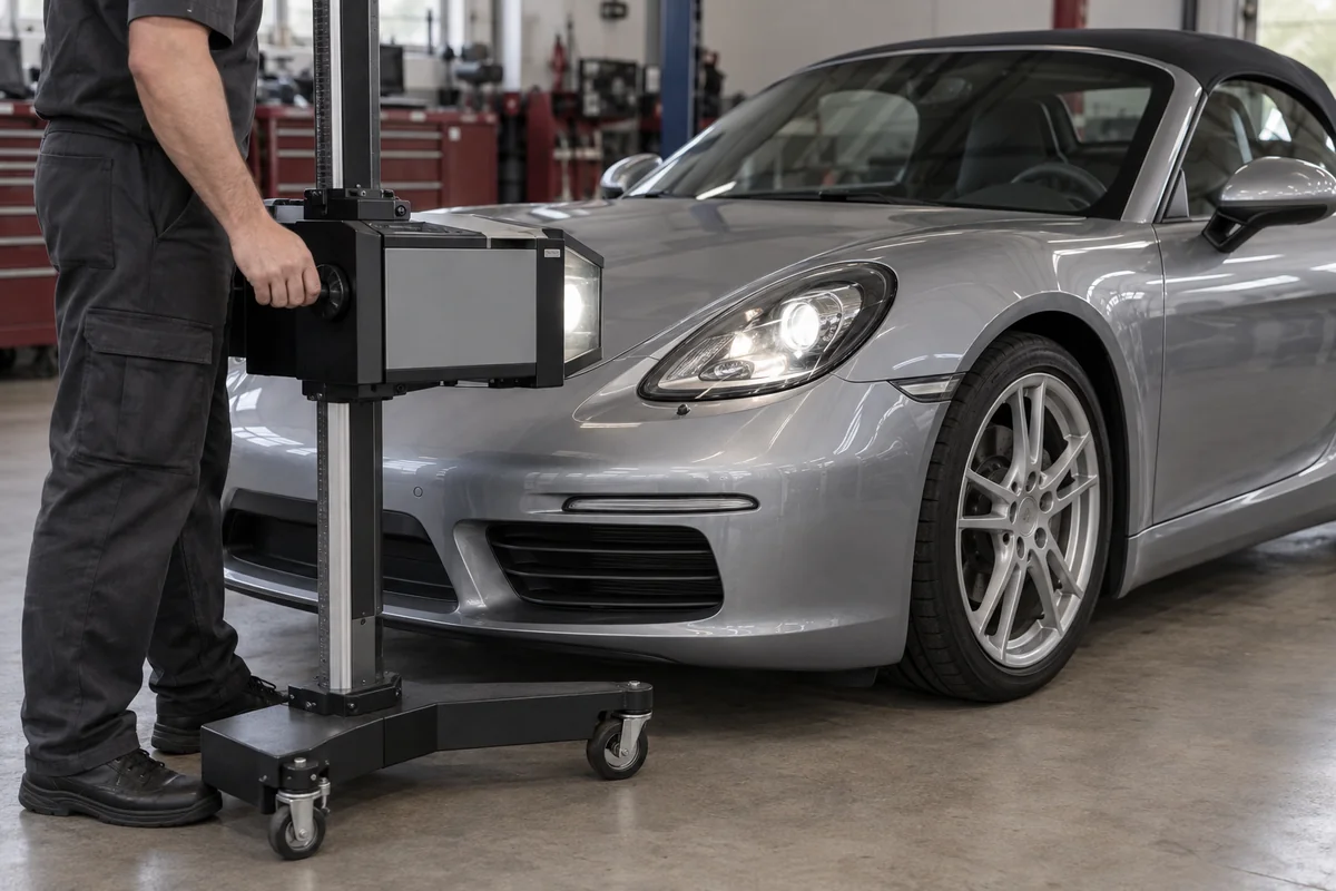 Optical beamsetter positioned in front of a Boxster headlamp
