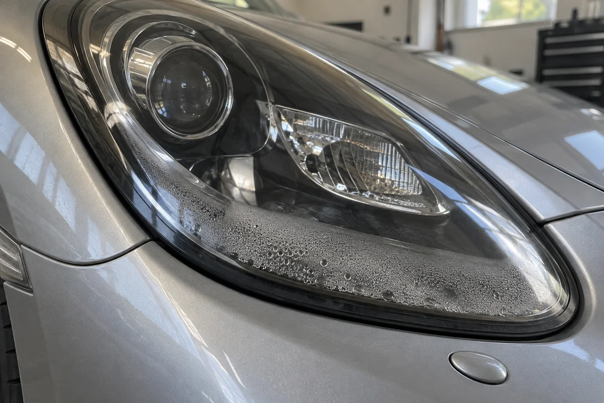 Condensation along the inside lower edge of a headlight lens