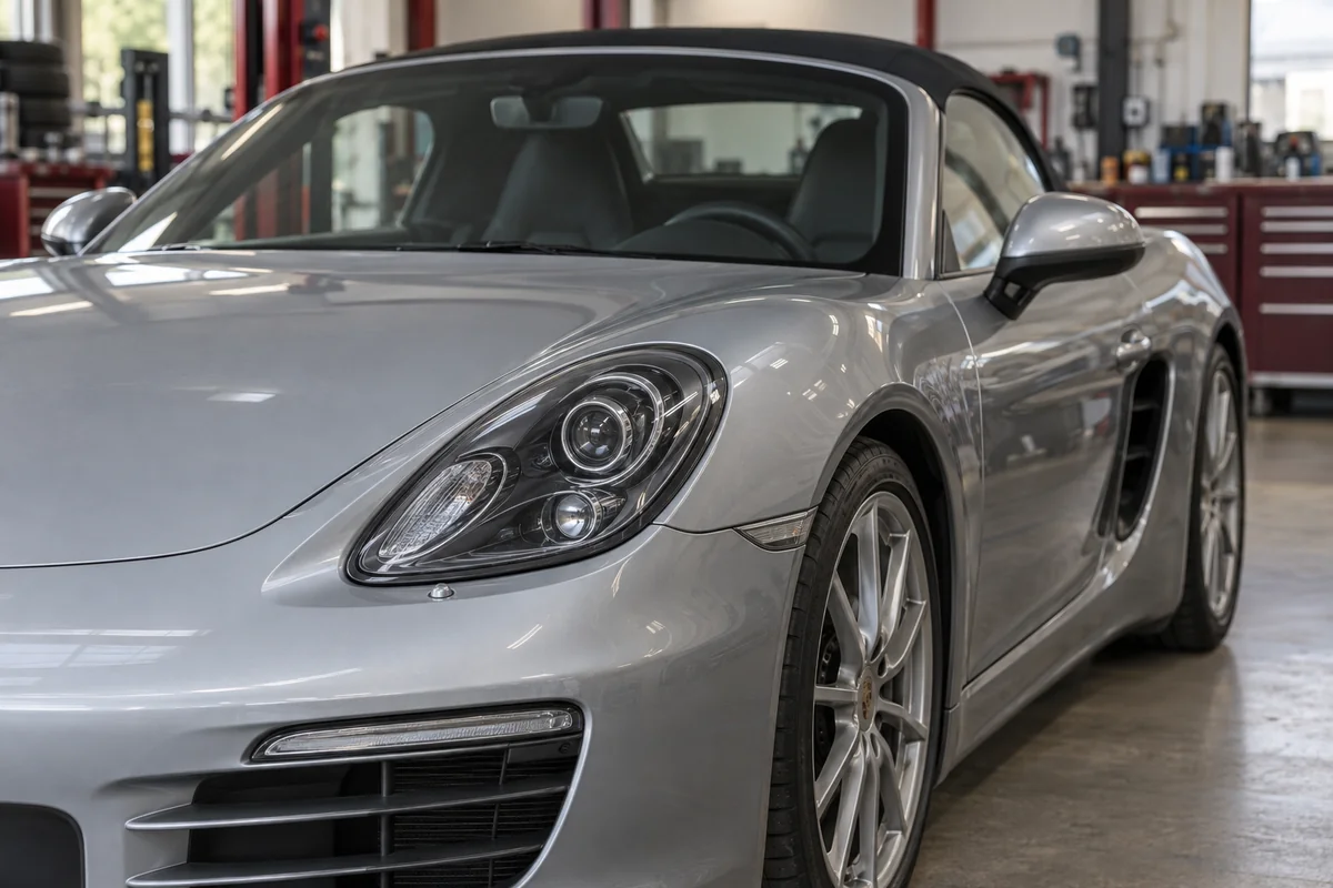 Silver Porsche Boxster with its front headlamp visible in a workshop