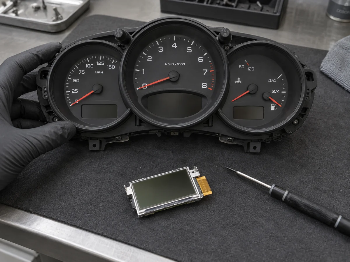 Boxster instrument cluster and replacement LCD on a padded workbench
