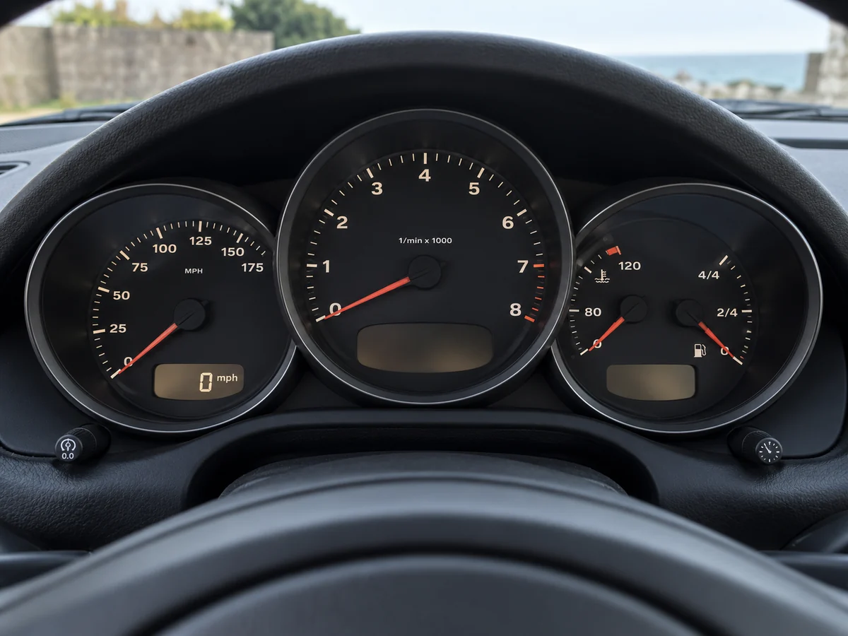 Three-dial Boxster dashboard with a digital speed display