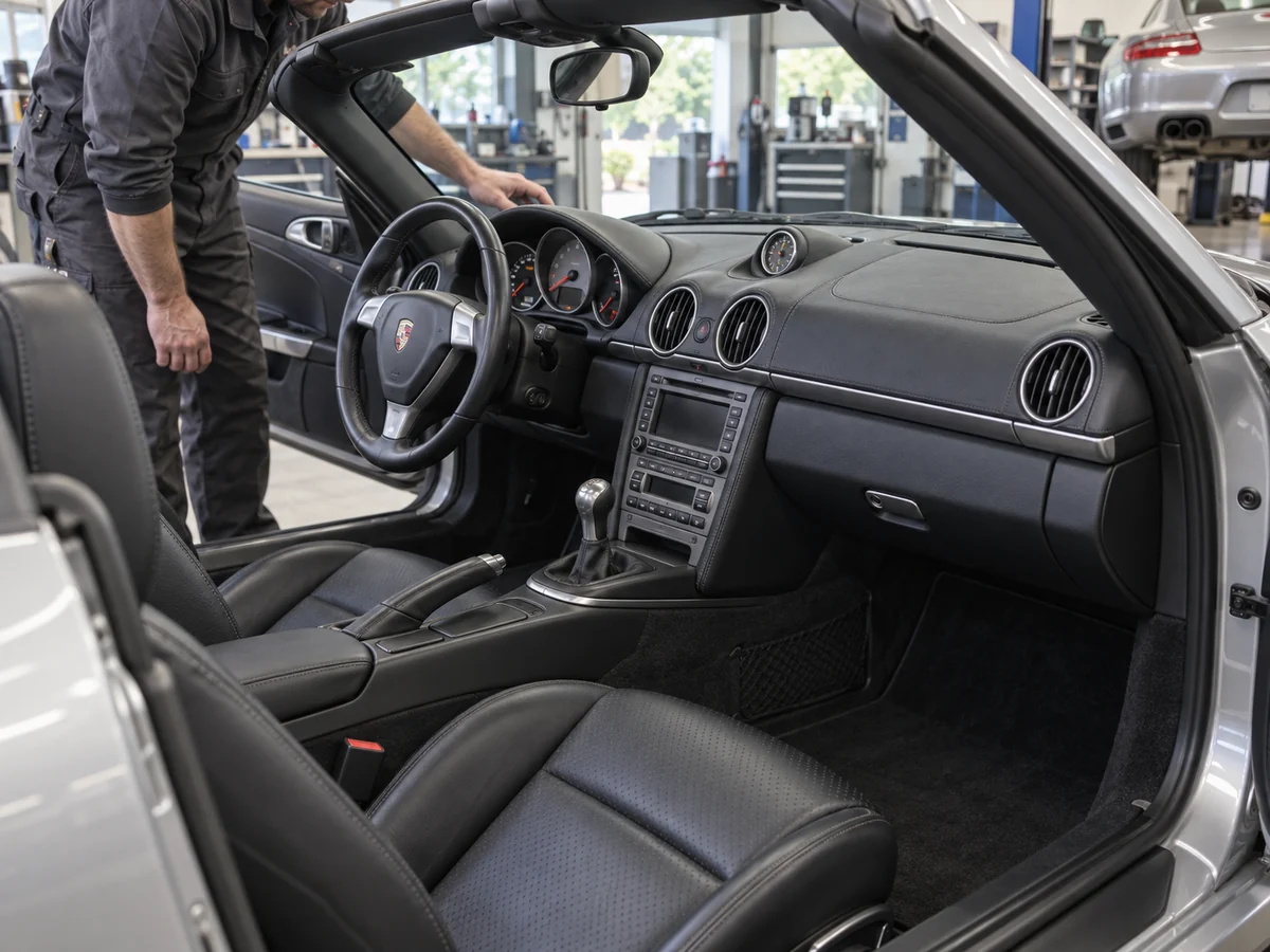Technician examining the instrument panel in a silver Boxster cockpit