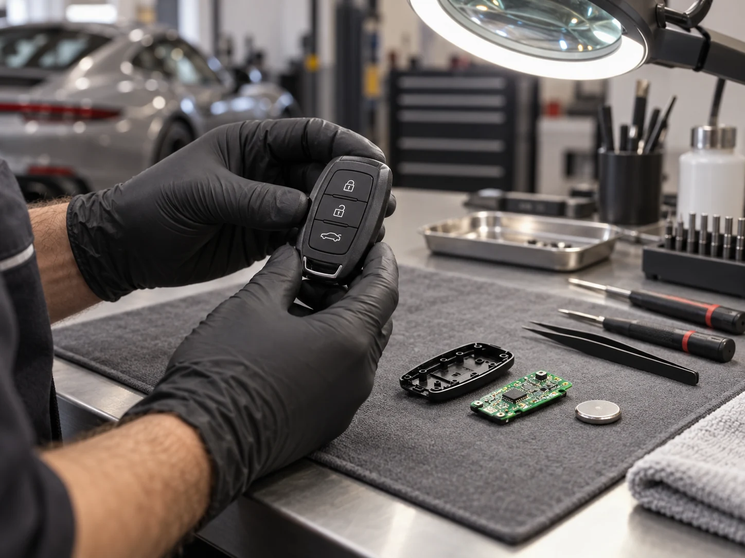 Remote key casing and electronic components inspected on a workshop bench