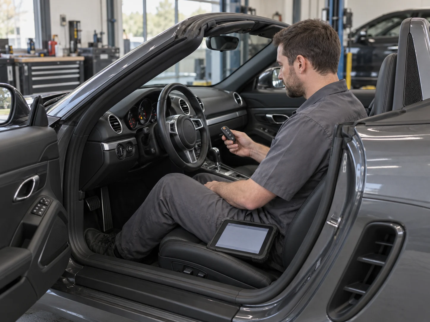 Technician checking key response inside a grey Porsche Boxster