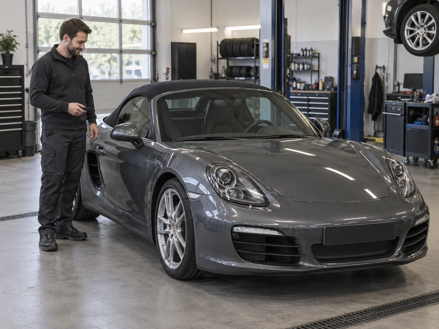 Technician checking a remote key beside a grey Porsche Boxster