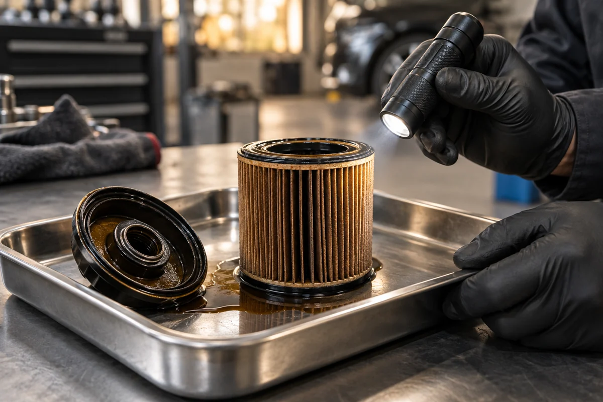 Boxster oil filter being inspected during an engine-oil service