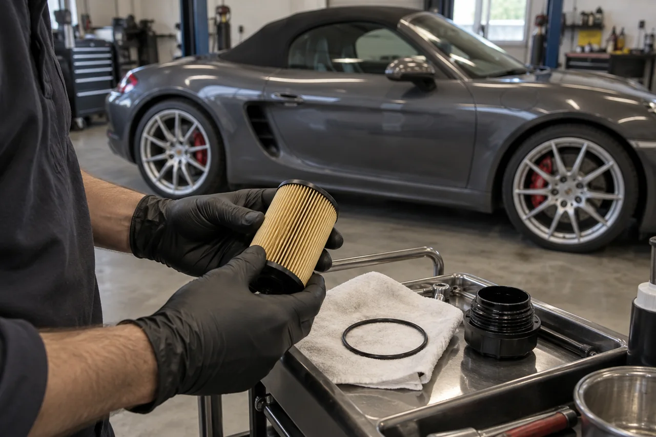 Porsche Boxster oil filter and engine-oil maintenance in a workshop
