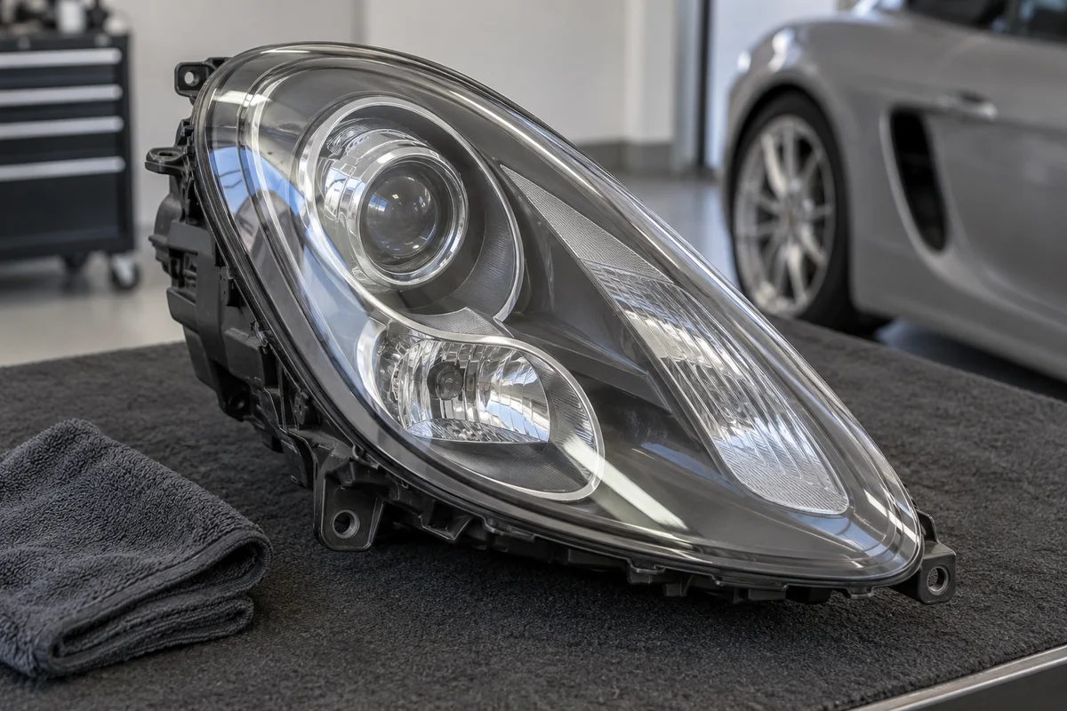 Projector headlamp assembly resting on a padded workbench