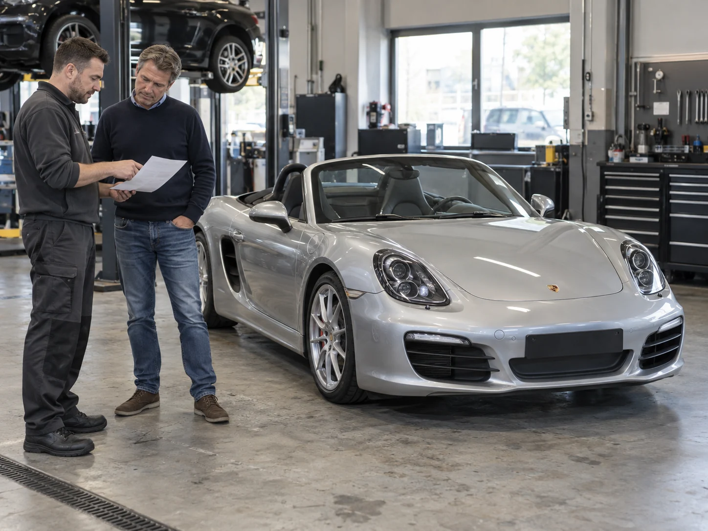 Advisor discussing a repair quotation beside a silver Porsche Boxster